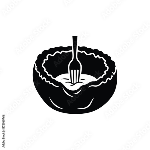 Black silhouette of a fork piercing a bowl of food with wavy edges vector