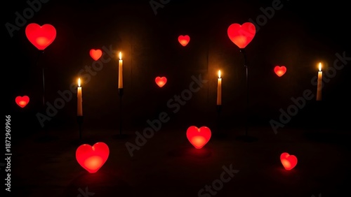 Romantic New Year celebration with candles and glowing red hearts in a dark ambiance on Valentine's evening