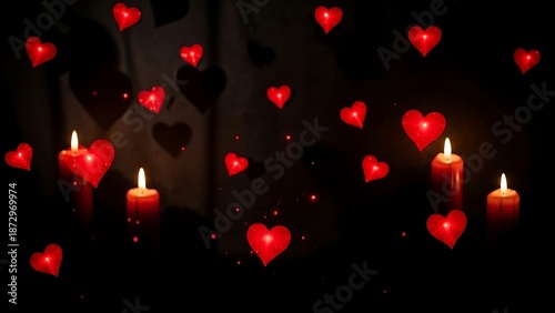Romantic New Year celebration with candles and floating hearts in a dark ambiance on valentine day