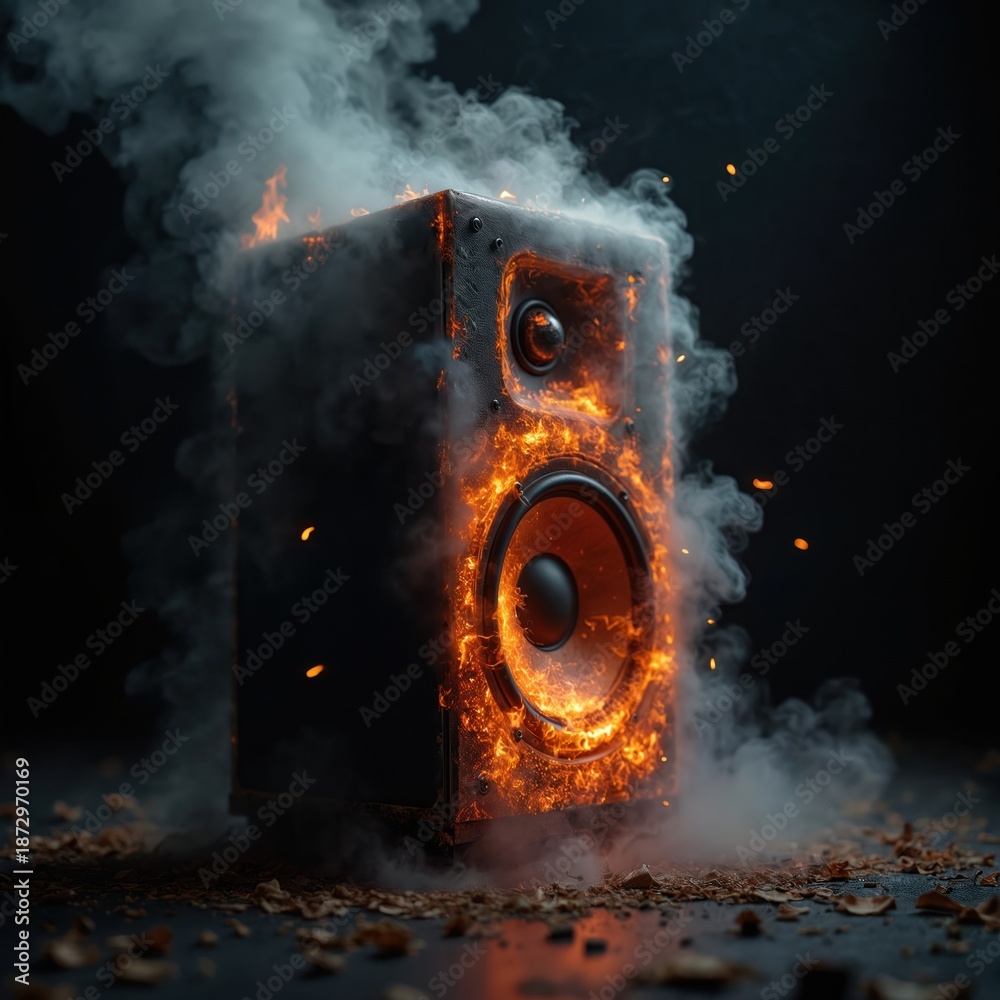 Fototapeta premium Loudspeaker engulfed in bright flames and thick smoke. Fiery hot speaker vibrates intensely. Audio sound equipment burns with high energy and extreme heat, creating visual effects.