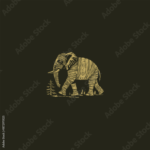 Mystical vintage engraving of a giant elephant wrapped like a mummy walking in a pine forest.