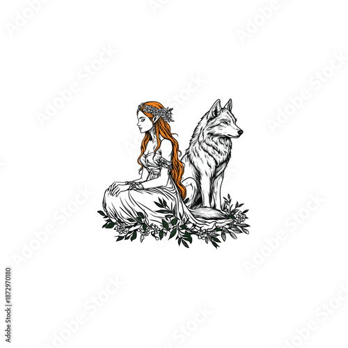 Beautiful elf girl with long hair sitting next to a majestic wolf in vintage hand drawn engraving style.