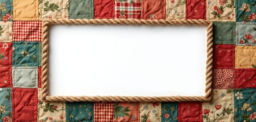 Quilted patchwork with rope frame. Textile background with squares of fabric. Copy space for design or text inside the rope frame on white backdrop.