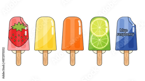 Colorful illustration of assorted popsicles with fruit flavors on a white background