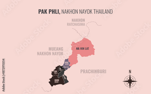 Map showing Pak Phli District Nakhon Nayok Thailand divided into sub districts with minimalist colorful patterns