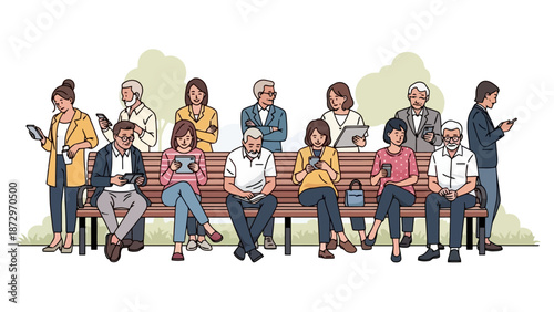A diverse group of people of various ages are sitting and standing on a park bench, all engrossed in their mobile devices.