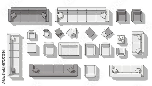 Top-down view of various modern sofas, armchairs, and coffee tables arranged in a clean, minimalist style.