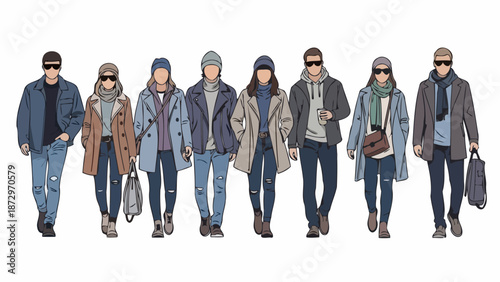 A diverse group of stylishly dressed individuals, both male and female, showcasing modern casual winter fashion.