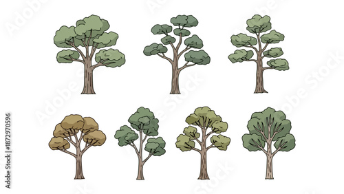A collection of eight hand-drawn stylized trees with various green canopies and brown trunks on a white background.