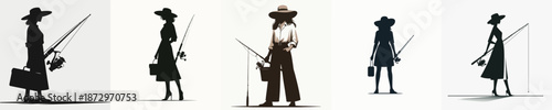 Vector Illustration of a Silhoutte Woman Holding Fishing Equipment