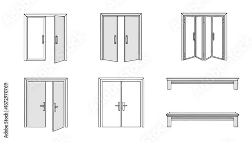 Collection of various door types and benches, including double doors, folding doors, and simple bench designs.