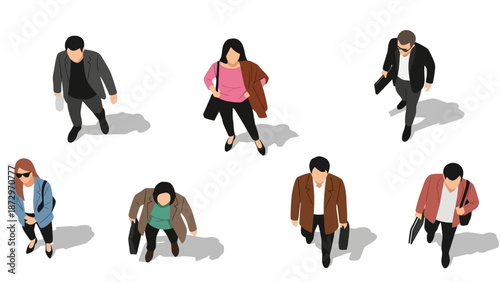 Top-down view of a diverse group of people walking and standing, showcasing various casual and business attire.