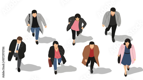 Top-down view of a diverse group of business people walking in different directions, conveying movement and individuality.