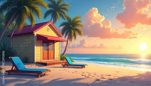 Small yellow beach house sits on sandy shore with palm trees. Two lounge chairs face calm ocean waves during sunset. Peaceful tropical island scene, perfect for relaxation and travel themes.