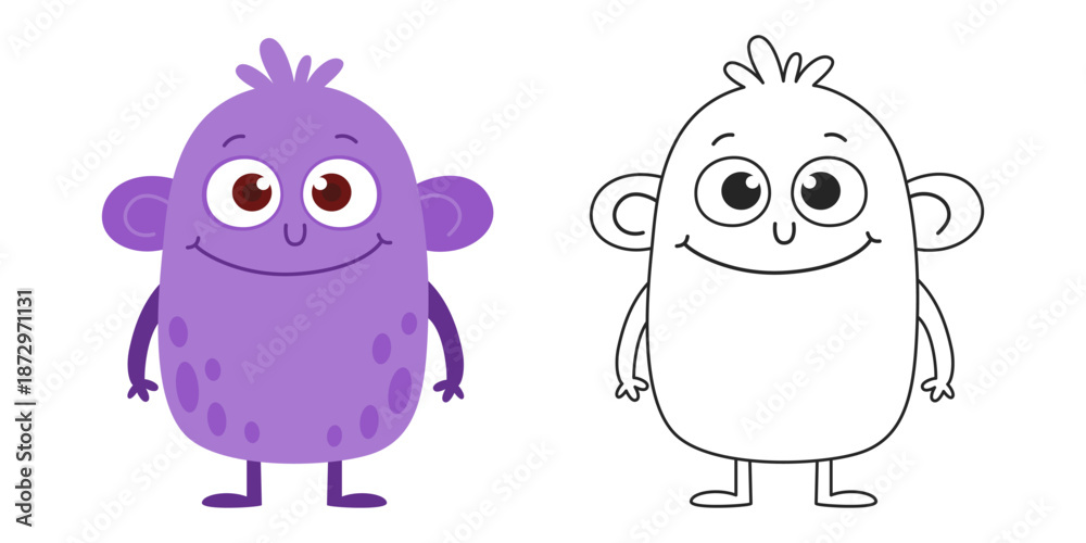 Fototapeta premium Cute Purple Monster Cartoon Character with Big Eyes. Funny Fantasy Creature Vector Illustration and Black Outline Coloring Page. Isolated on White Background.