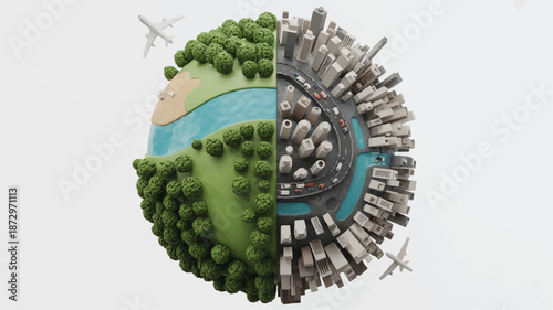 split earth with city and nature side by side globe model