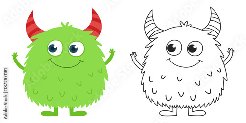Cute Green Monster Cartoon Character with Red Horns. Friendly Fantasy Creature Vector Illustration and Black Outline Coloring Page. Isolated on White Background.