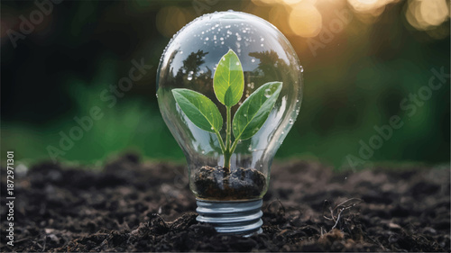 Sprout growing inside a lightbulb on soil in garden