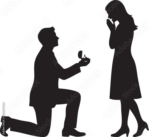 Man on one knee proposing to a woman silhouette isolated on white background minimalist romantic illustration