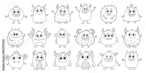 Cute monster coloring page set. Funny cartoon monsters collection for kids. Hand drawn fantasy creatures. Black and white outline flat vector illustration isolated on white background.