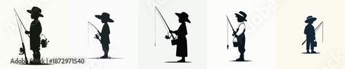 Vector Illustration of a Silhoutte Boy Holding Fishing Equipment