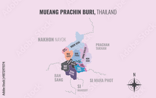 Map showing Mueang Prachin Buri District Prachinburi Thailand divided into sub districts with minimalist colorful patterns