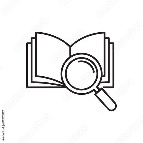 Search Knowledge Outline Icon – Book and Magnifier Line Vector Symbol