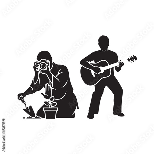 Musician and Photographer Silhouettes in Minimalist Style with High Contrast Lighting on White Background for Creative Arts