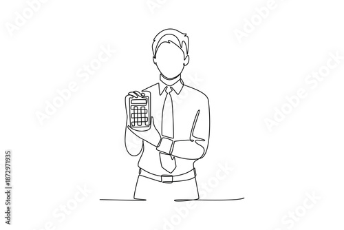 bank teller with a calculator. Banking Activity concept. Single line draw design. Vector graphic illustration