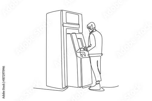 A person is accessing banking service at an Automatic teller machine of bank. Banking Activity concept. Single line draw design. Vector graphic illustration