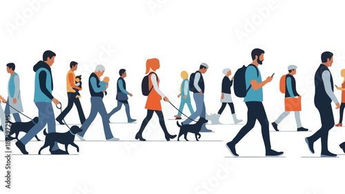 A diverse group of people and their dogs walking together on a white background.