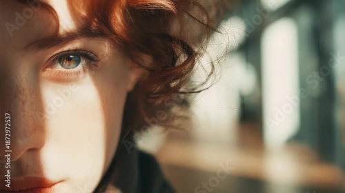 Close up portrait of a young woman with red hair and freckles, illuminated by soft natural sunlight. Artistic focus on her green eye and delicate facial features creates a dreamy, introspective mood