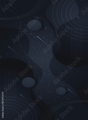 Abstract dark blue space background with glowing particles meteorites and geometric circular line patterns