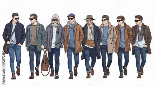 A diverse group of men walking in stylish autumn fashion, showcasing various outerwear and accessories.