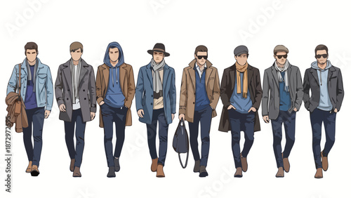 A diverse collection of men's fashion illustrations showcasing various outerwear and accessories.