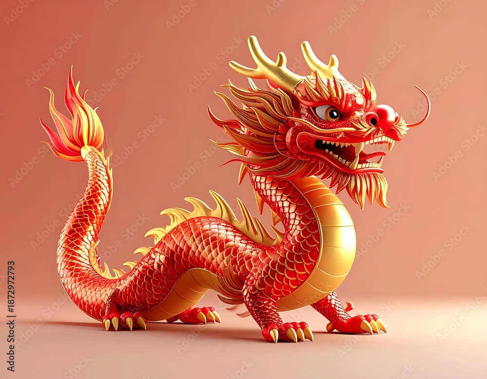 Obraz premium Vibrant red and gold Chinese dragon sculpture, a powerful symbol of good fortune, prosperity, and strength in traditional Asian mythology and cultural celebrations