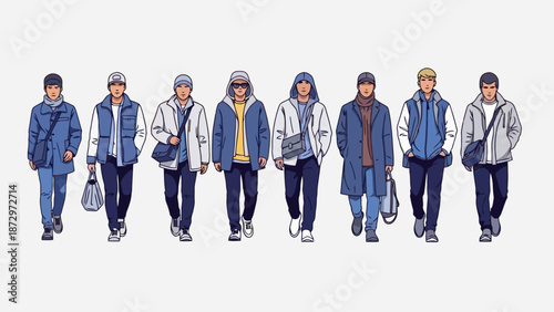 A collection of diverse male fashion illustrations showcasing winter outerwear and accessories.