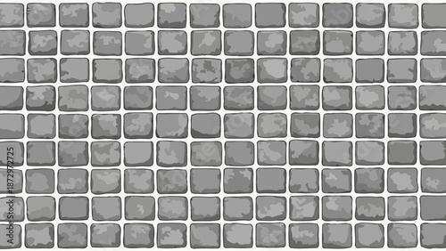 A detailed close-up view of a textured gray cobblestone pavement pattern.