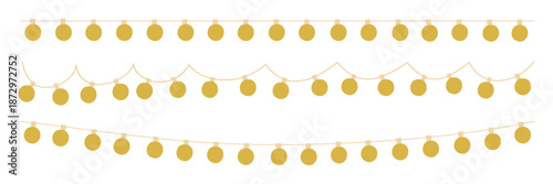 Christmas garland fairy light with gold circle bulbs. Xmas festive decoration string with hanging retro led lamp. Glowing string with lightbulb for holiday card, banner, poster. Vector illustration.