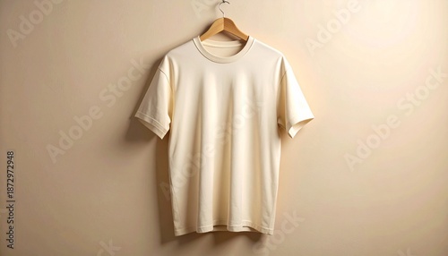 Light-colored short-sleeve t-shirt with crew neck hanging on wooden hanger against beige wall, minimalist fashion