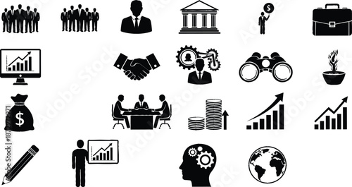 Comprehensive Black and White Business and Finance Icon Set Featuring Teamwork, Meetings, Growth Charts, Handshake, and Professional Corporate Symbols

📈 Keywords: