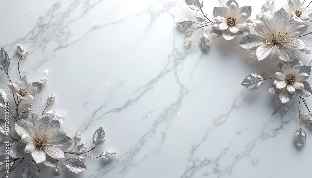 Obraz premium Elegant silver floral ornaments on marble backdrop. Illustration showcases refined flowers delicate leaves with a luxury feel. Ideal for design projects wedding invitations backgrounds.