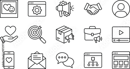 Business marketing and digital communication line icon set featuring social media engagement tools content strategy planning professional networking and corporate management