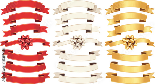 A collection of vibrant red satin ribbons in various flowing shapes and styles
