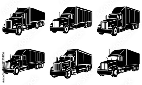 Six Black Semi Truck Silhouettes on White Background transportation 1