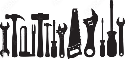 Collection of various black tools on a white background
