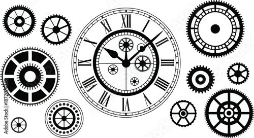 Intricate arrangement of clock faces and gears in a black and white design
