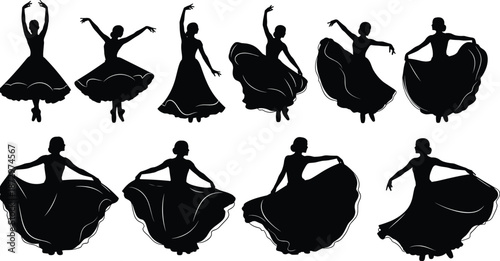 Flamenco dancer silhouette collection, traditional Spanish dance poses, flowing dress movement, cultural performance, artistic figures, music rhythm, vector illustration set
