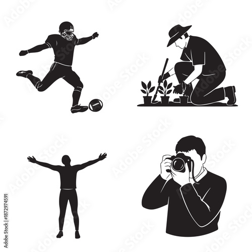 Silhouette of active people in various professions with simple black graphics for web icons