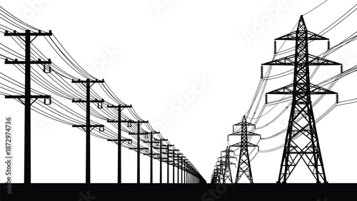 Electric power line silhouettes with transmission towers, utility poles and cables, energy infrastructure, electricity distribution network, industrial landscape vector illustration